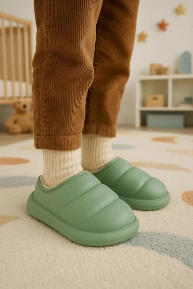 Peluş İçi Yünlü Kışlık Panduf Su Yeşili Çocuk Ev Terliği - Resim 2