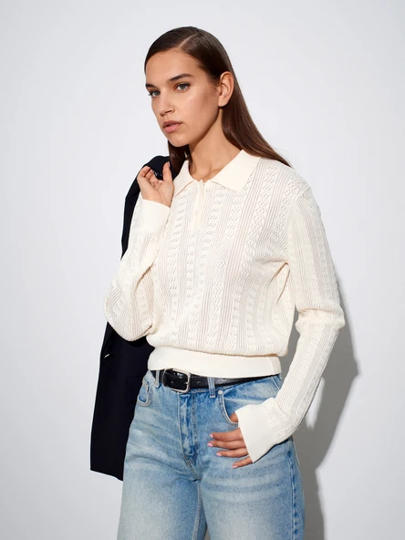 10827 DİLVİN POLO YAKA DÜĞ. AJURLU TRİKO KAZAK - Resim 6