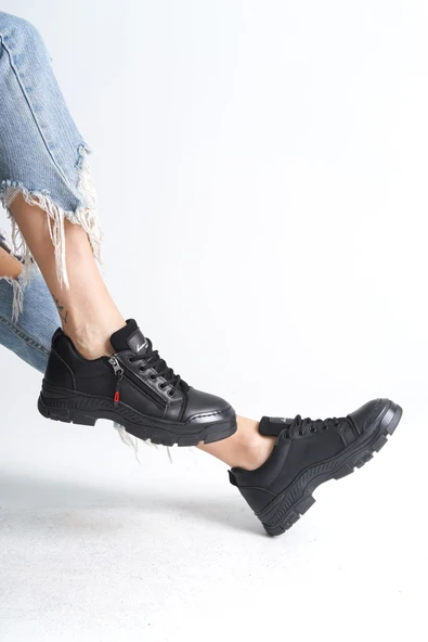 AGATHA Bağcıklı Fermuarlı Ortopedik Taban Kadın Sneaker Spor Ayakkabı CST - Siyah - Resim 4