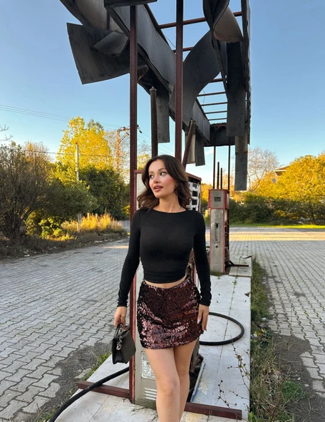 Cemo Parti Giyim Yüksek Bel Simli A Kesim Etek - Resim 4