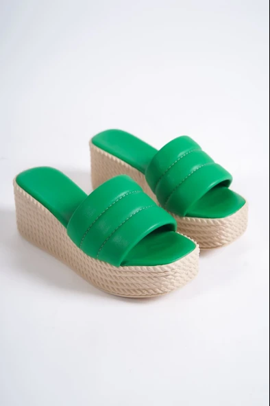 REINA Dolgu Topuklu Ortopedik Taban Hasır Görünümlü Kadın Terlik CKT - Yeşil - Resim 4