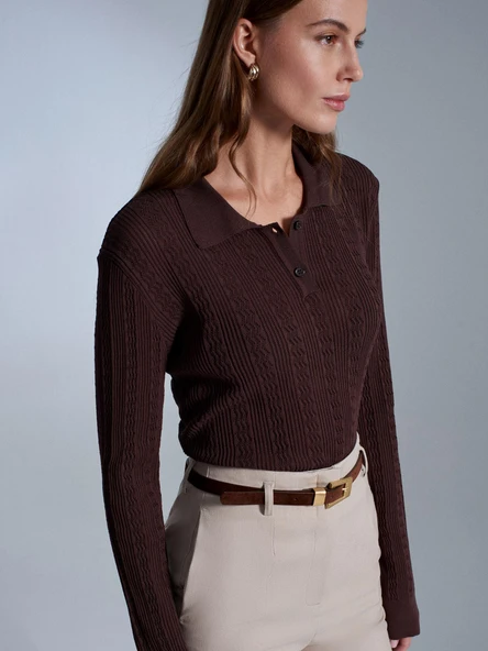 10827 DİLVİN POLO YAKA DÜĞ. AJURLU TRİKO KAZAK - Resim 11