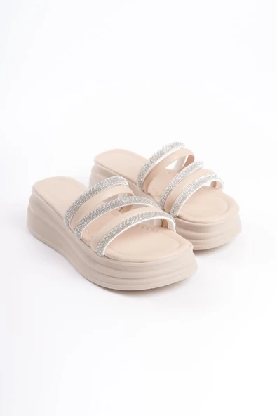 ELISE Düz Topuklu Şeritli Taşlı Kalın ve Ortopedik Taban Kadın Terlik  CKT - Krem - Resim 4