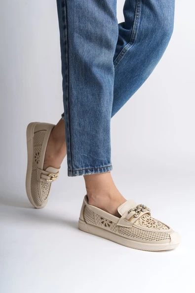 LAYLA Bağcıksız Ortopedik Rahat Taban Çiçek Desenli Kadın Babet Ayakkabı CKT - Krem - Resim 2