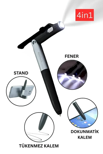 4in1 Dokunmatik Kalem Fenerli Telefon Standı Tükenmez Kalem Tablet Telefon Uyumlu Stylus Pen Çizim ürün görseli