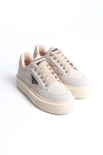 PRAG Bağcıklı Ortopedik Taban Desenli Kadın Sneaker Spor Ayakkabı  CKT - Krem - Resim 4