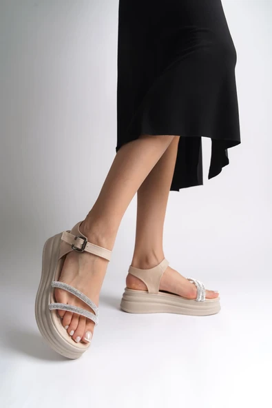 ZLOHE Kalın Tokalı Taşlı Şeritli Ortopedik Taban Kadın Sandalet  CKT - Krem - Resim 2