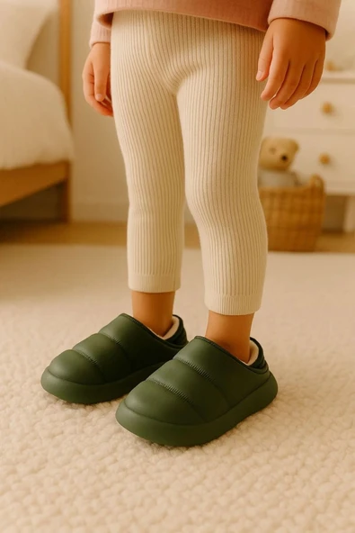 Peluş İçi Yünlü Kışlık Panduf Haki Çocuk Ev Terliği ürün görseli 1