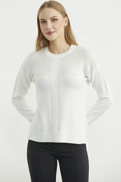 Motifli Arkası Uzun Triko Kazak - Kemik - Resim 2