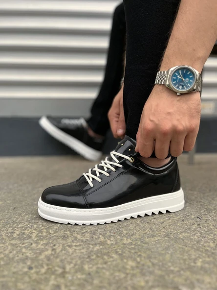 JY152 Cool Bağcıklı Rugan Erkek Günlük Spor Klasik Ayakkabı RBT - Siyah - Resim 3