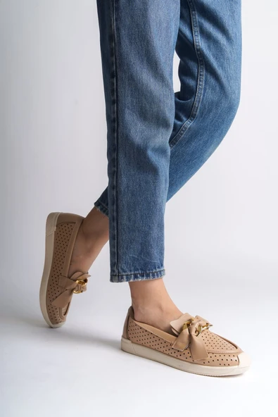 LYDIA Bağcıksız Ortopedik Rahat Taban Kalp Desenli Kadın Babet Ayakkabı CKT - Ten ürün görseli