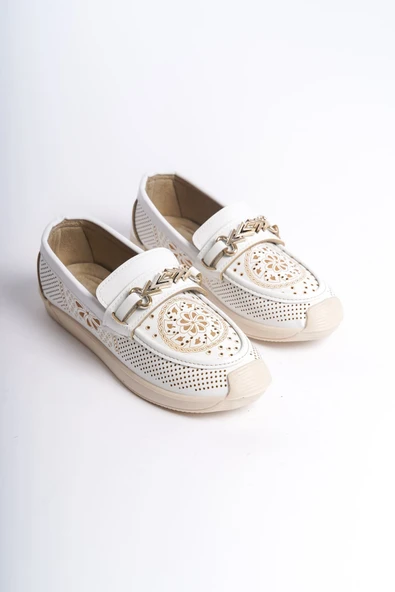 LILY Bağcıksız Ortopedik Rahat Taban Çiçek Desenli Kadın Babet Ayakkabı  CKT - Beyaz - Resim 4