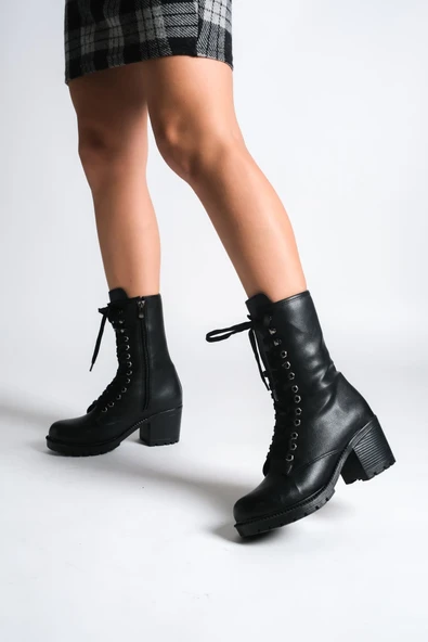 ALDA Bağcıklı Ortopedik Taban Kadın Çizme CST - Siyah - Resim 2