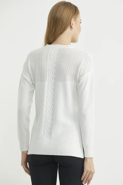 Motifli Arkası Uzun Triko Kazak - Kemik - Resim 6