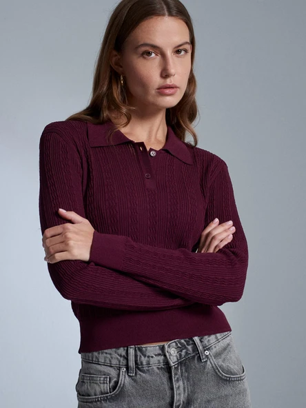 10827 DİLVİN POLO YAKA DÜĞ. AJURLU TRİKO KAZAK - Resim 8