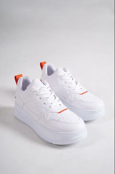 ALESSI Bağcıklı Ortopedik Taban Kadın Sneaker Spor Ayakkabı CBT - Beyaz/Turuncu - Resim 4