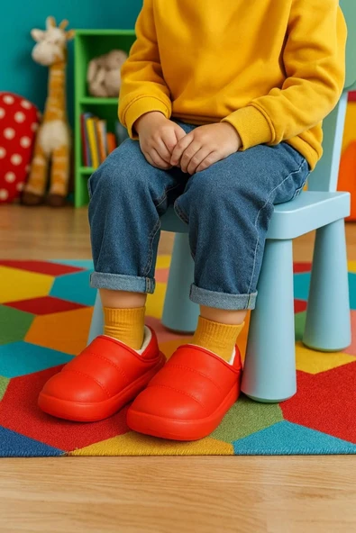 Peluş İçi Yünlü Kışlık Panduf Kırmızı Çocuk Ev Terliği - Resim 2