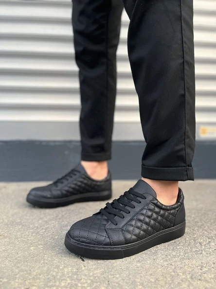 JY166 Prestige Bağcıklı Cilt Kapitone Desenli Erkek Günlük Sneaker Ayakkabı CST - Siyah - Resim 2