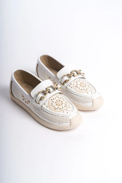 LAYLA Bağcıksız Ortopedik Rahat Taban Çiçek Desenli Kadın Babet Ayakkabı  CKT - Beyaz - Resim 4