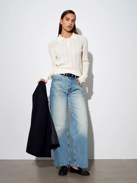 10827 DİLVİN POLO YAKA DÜĞ. AJURLU TRİKO KAZAK - Resim 2