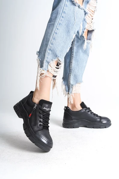 AGATHA Bağcıklı Fermuarlı Ortopedik Taban Kadın Sneaker Spor Ayakkabı CST - Siyah - Resim 2