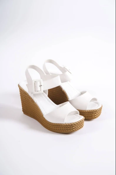 PERLA Tokalı Lastikli Dolgu Topuklu Ortopedik Taban Hasır Görünümlü Kadın Sandalet CKT - Beyaz - Resim 4