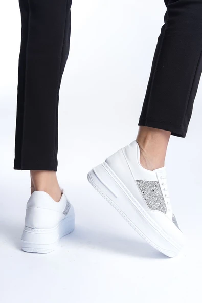 MIPA Bağcıklı Ortopedik Taban Simli Kadın Sneaker Spor Ayakkabı  CBT - Beyaz - Resim 3