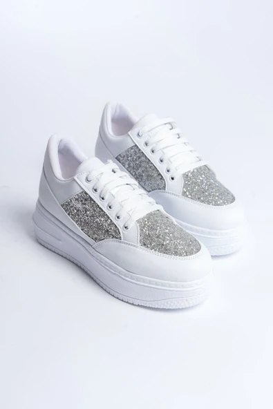 MIPA Bağcıklı Ortopedik Taban Simli Kadın Sneaker Spor Ayakkabı  CBT - Beyaz - Resim 4