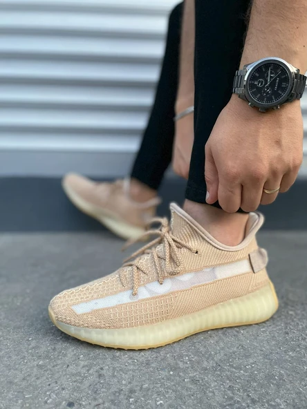 JY305 Pulse Bağcıklı Triko Kumaş Erkek Günlük Spor Ayakkabı TBT - Bej - Resim 3