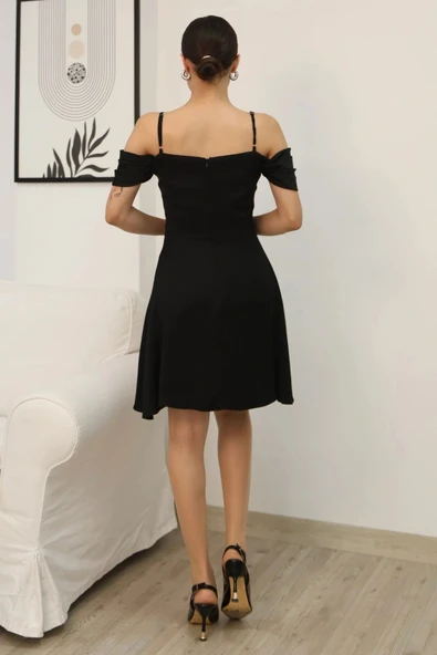 Drape Detaylı Askılı Midi Elbise 2380-Siyah - Resim 7