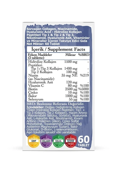 SORVAGEN NİACİNAMİDE COLLAGEN HYALURONİC ACİD 60 TABLET - Resim 3