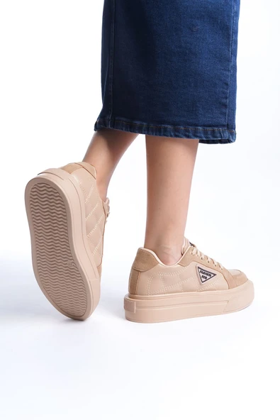 PRAG Bağcıklı Ortopedik Taban Desenli Kadın Sneaker Spor Ayakkabı CTT - Ten - Resim 3