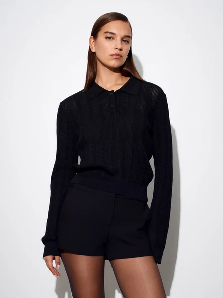 10827 DİLVİN POLO YAKA DÜĞ. AJURLU TRİKO KAZAK - Resim 5