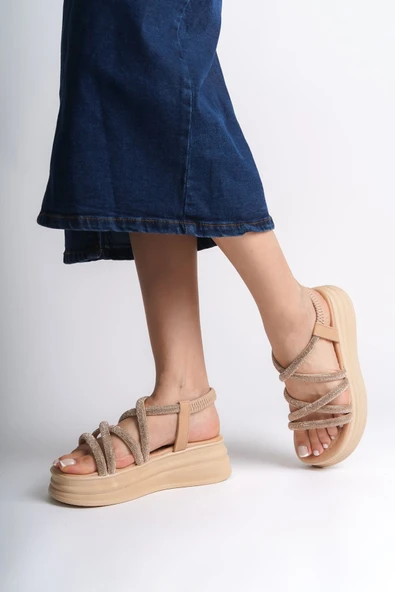 ELENA Lastikli Taşlı Şeritli Ortopedik Taban Kadın Sandalet CTT - Ten - Resim 3