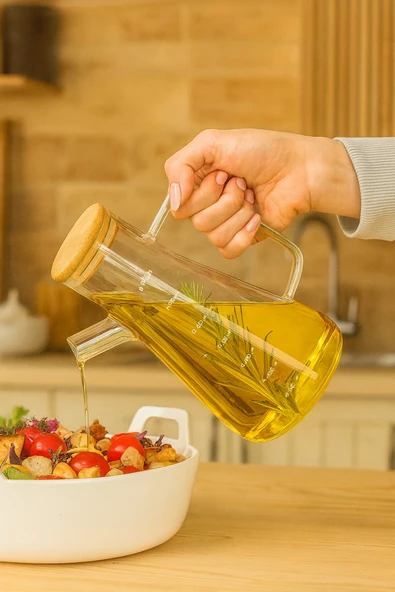 Yüksek Kalite Bambu Kapaklı 900ml Borosilikat Cam Yağlık ürün görseli