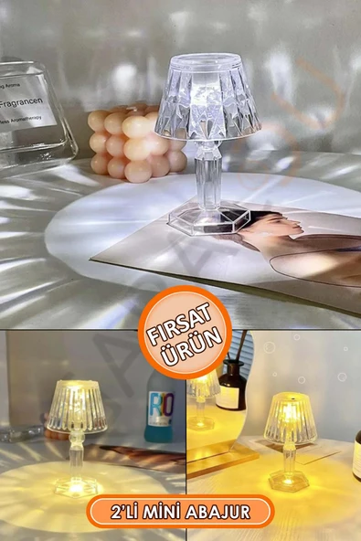 2'li Küçük Boy Kristal Led Masa Lambası Pilli Mini Şeffaf Abajur 12 Cm - Resim 2