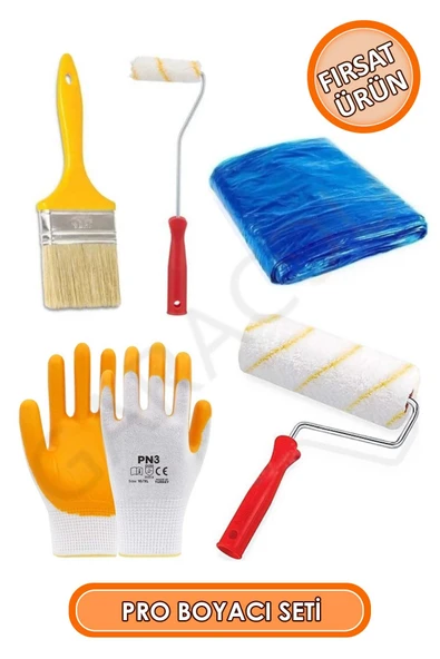 6 Parça Pro Boya Badana Seti - 2 Rulo Fırça + 1 Kestirme Fırça + 1 Çift Eldiven + Yer Zemin Örtüsü ürün görseli
