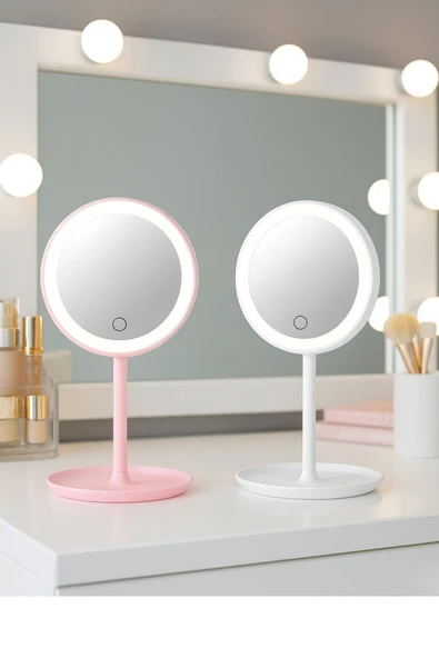 Led Işıklı Dokunmatik Makyaj Aynası Pembe & Beyaz – 3 Kademeli Işık Ayarı , 360° Döner Başlık - Resim 2