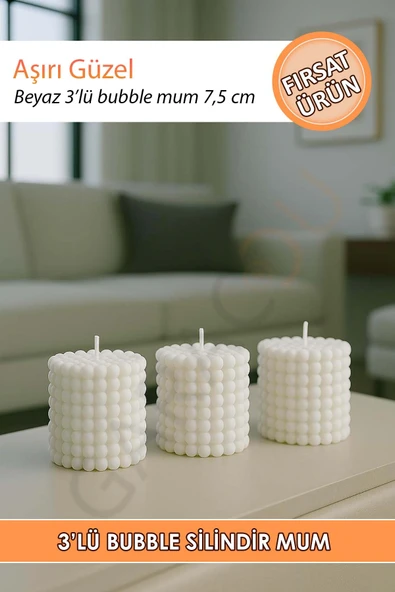Kalın 3'lü Kokusuz Dekor Bubble Kütük Mum Beyaz 6x7,5 cm ürün görseli