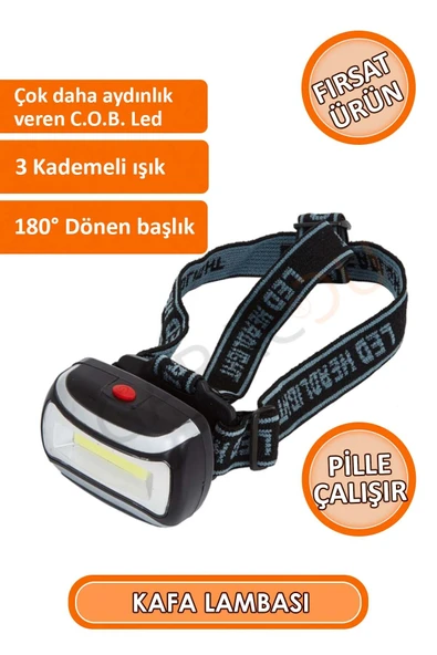 Kaliteli 200 Lümen Led Kafa Lambası, Cob Teknolojili Led, Flaşörlü Kafa Lambası 3 Adet Pil Hediyeli - Resim 2