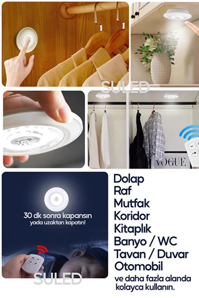 Pilli Uzaktan Kumandalı Montajsız Yapışkanlı 3'lü Spot LED Işık Lamba Raf Niş Dolap Mutfak Işığı - Resim 4