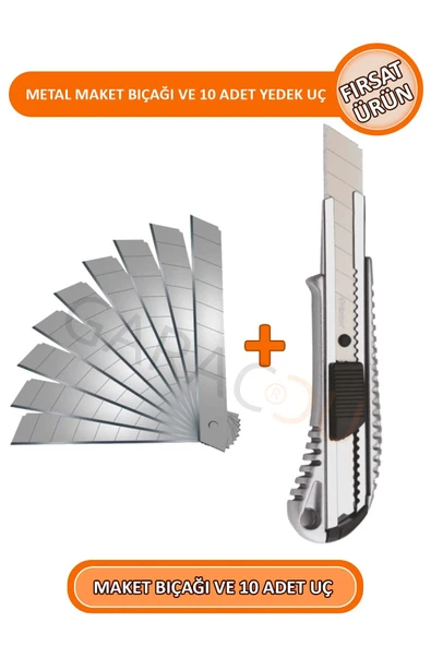 Metal Profesyonel Maket Bıçağı Falçata Ve 10 Adet Yedek Bıçak Büyük Boy - Fırsat Ürün ürün görseli