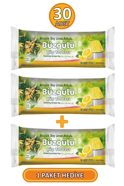 Büyük Boy Limon Kokulu Büzgülü 65x70 Cm Çöp Poşeti Torbası 3 Paket - 30 Adet - Resim 2