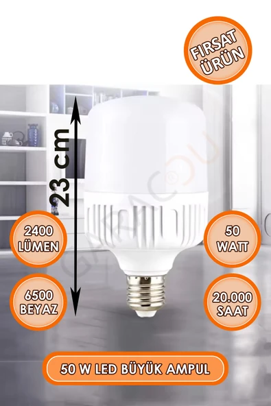 50 Watt Torch Led Büyük Boy Ampul Beyaz Işık Tasarruflu Ampül E27 Normal Duy 1 Adet ürün görseli
