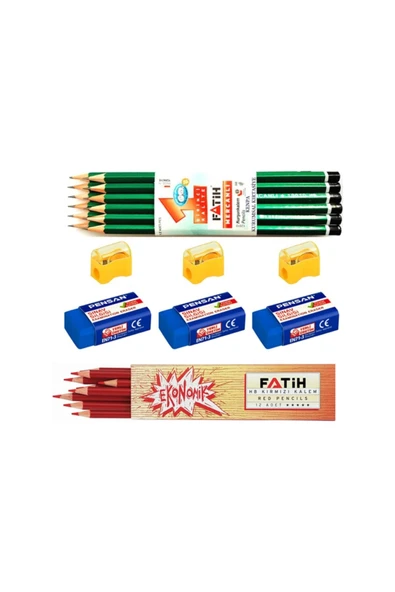 30 Parça Kırtasiye Kurşun Kalem Kırmızı Kalem 12 li Kalemtraş Ve Silgi Seti ürün görseli