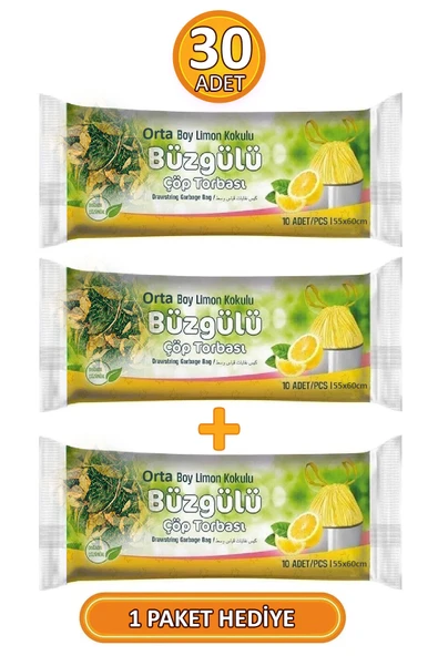 Orta Boy Limon Kokulu Büzgülü 55x60 Cm Kalın Çöp Poşeti Torbası 3 Paket - 30 Adet - Resim 2