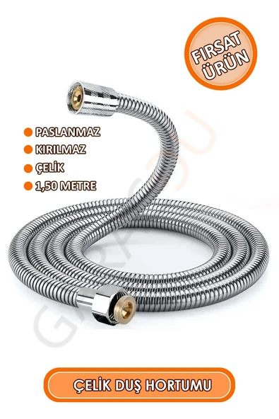 Paslanmaz Kırılmaz Çelik Örgülü Duş Hortumu, Banyo Hortumu 1,50 Metre ürün görseli
