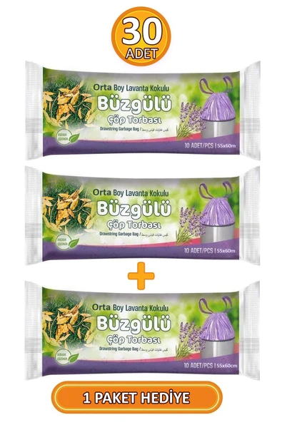 Orta Boy Lavanta Kokulu Büzgülü 55x60 Cm Çöp Poşeti Torbası 3 Paket - 30 Adet - Resim 2