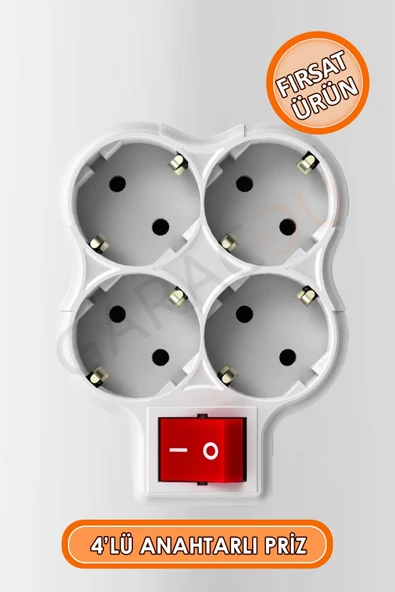 4'lü Kaliteli Topraklı Fişli Anahtarlı Golyat Priz Çoğaltıcı 1 Adet, Anahtarlı Dörtlü Piriz ürün görseli