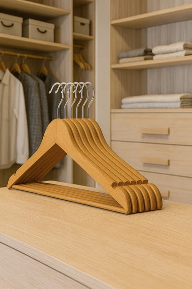 6'lı Ahşap Görünümlü Elbise Ve Kıyafet Askısı Ahşap Renk ürün görseli